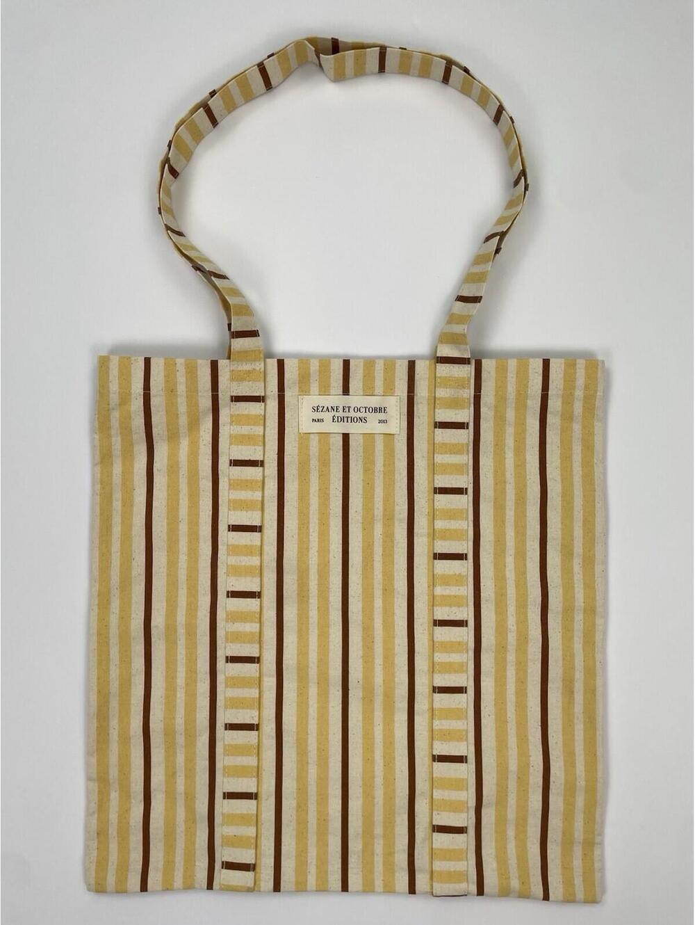 Sezane et Octobre Editions Cotton Tote Bag Tall Brick Stripe Print Yellow Brown